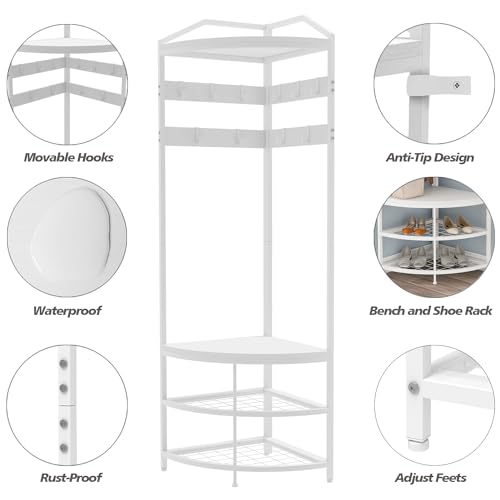 GiftGo Corner Coat Rack Entryway Hall Tree with Shoe Storage Bench for Home Organize Bedroom Mudroom 3 in 1 Coat Stand (White, Large) - Image 6