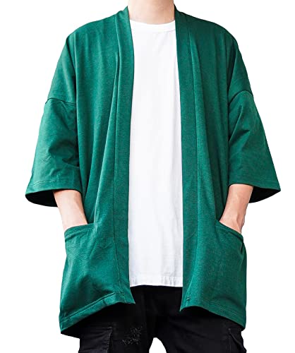 Men's Long Oversized Kimono Cardigan Noragi Japan Jacket Haori Man Yukata Coat (Dark Green)