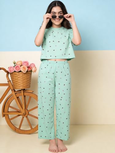 Image of Li'l Tomatoes Girls Cotton Night Suit Set | 100% Cotton Summer Co-Ord Set | Half Sleeve T-Shirt & Full Length Pajama | Soft & Breathable Printed Clothing Set | 9-16 Years
