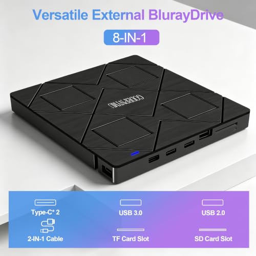 Image of 8-in-1 External Blu-ray Drive, USB-C Hub & Card Reader for Laptop | Win11 /10 /8 /7 /Mac OS.compatible . 2 USB + USB-C ports,TF /SD Card Reader, . 1+4 storage bags included