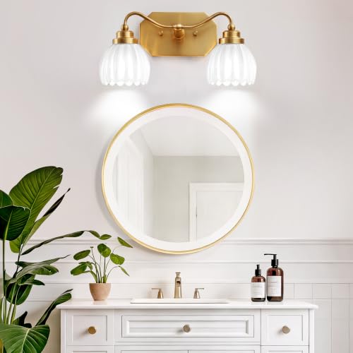 Image of Vintage Gold Vanity Lights, 2 Light Milk White Tulip Crystal | Antique Brass Finish, Brushed Gold Bathroom Light Fixtures, Wall Sconce Ideal for Bedroom, E26 Compatible, Easy Install