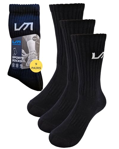 Leading Man Mens Socks Cushioned Black Sports Socks Mens 6-11 Work Socks Mens Mens Socks Mens Black Socks Thick Socks Men for Running Gym Hiking Padel Golf Cotton Crew Socks Men (9 Pairs)