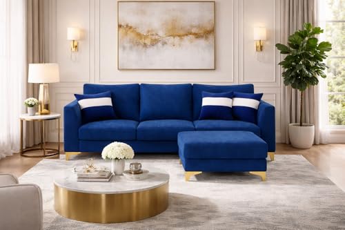Image of Remi 4 Seater L Shape Sofa Set with Movable Ottomans | Flexible Layout | Rich Velvet Suede Fabric | Silver Legs | Modern Sofa for Living Room (Dark Blue)
