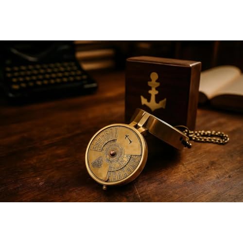 Brújula de bolsillo de latón con calendario en caja de madera grabada, decoración náutica, regalo de boda miniatura 2