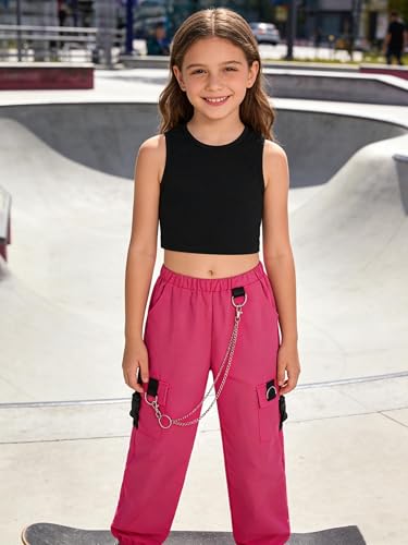 Image of Girls 2 Piece Outfit Set for Tween Girls, Sleeveless Crop Tank Top & Cargo Pants Jogger Set