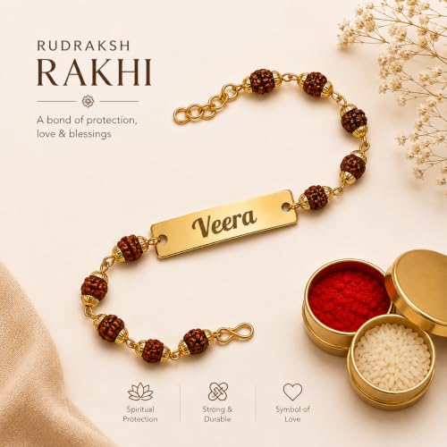 Image of Unisex-Adult Customized Name Rakhi For Brother | Rudraksha Beads, Custom Name Engraving, Adjustable Fit