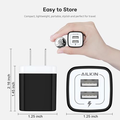 Image of Wall Charger, [5-Pack] 5V /2.1AMP Ailkin Dual-Port USB Wall Charger Home Travel Plug Power Adapter for iPhone SE /11Pro Max /XS /XR /8 /7 /7 Plus, Samsung Galaxy S7 S6, HTC, LG, Table, Motorola and More | USBA Plug Power Adapter for iPhone 17 /Air /16e /16 /15 /4 /13 Pro Max /12 /SE /11Pro Max /XS /XR, Samsung Galaxy, HTC Tablet Moto Box