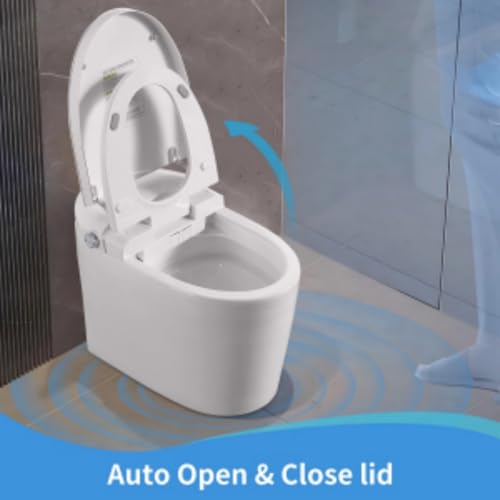 Inodoro inteligente de una pieza sin tanque con bidé integrado, descarga automática, apertura y cierre automáticos, asiento calefactado, lavado con burbujas, agua tibia y secado, temperatura ajustable, control remoto y botón lateral miniatura 7