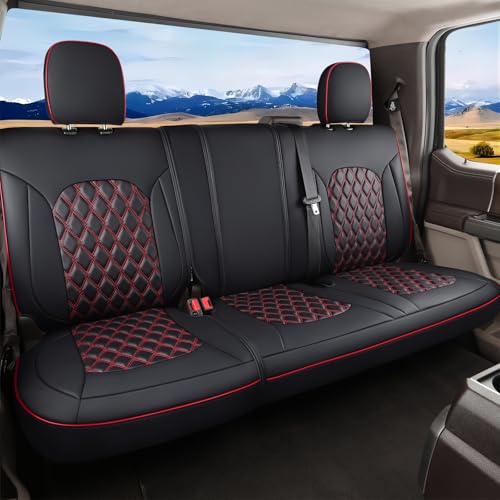 Huidasource F150 Rear Seat Covers, Split Back Leather Seat Cushion Cover Fit for 2015-2025 Ford F150 SuperCrew & 2017-2025 F250 F350 F450 Super Duty Crew Cab Pickup Truck (Back Row/Black&Red)