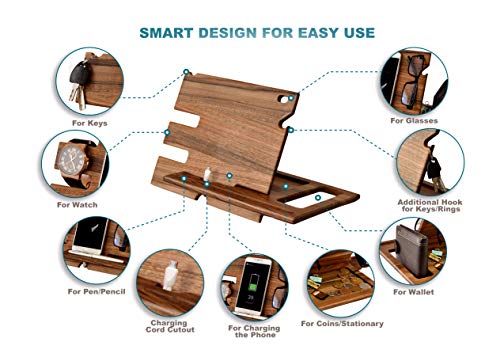 TESLYAR Natural Walnut Wood Phone Docking Station Ash Key Holder Wallet Stand Watch Organizer Men Gift Husband Wife Anniversary Dad Birthday Nightstand Purse Father Graduation Male Travel Idea