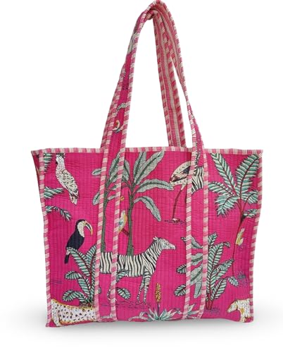 Image of Cotton Tiger Block Print Tote Bag, Indian Handmade Shopping Shoulder Bag, Unisex Market Daily Use