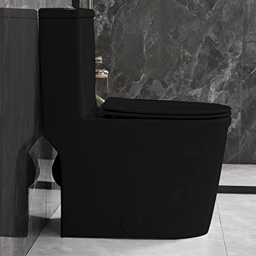 Sounor Sn1069B Small One Piece Toilet Dual Flush 12" Rough-In Compact Modern Short Bathroom Black #TOP3