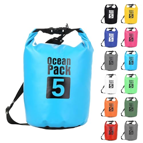 MOMAHUA 5L Borsa Impermeabile,Azzurro Waterproof Zaino Impermeabile Sacco Impermeabile con Tracolla Regolabile,Dry Bag per Outdoor Sport Acquatici,Barca, Pesca, Rafting, Nuoto