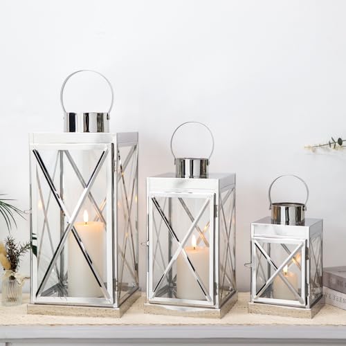 Image of TRIROCKS Silver Stainless Steel Lantern Set of 3-Square Elegance 8 /12 /16 Inch Opulent Metal Candle Lanterns Candle Holder with Tempered Glass for Christmas Home Garden Indoor Outdoor Decor Celebratory