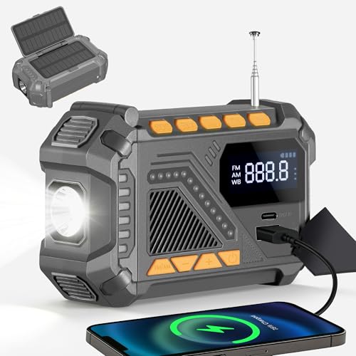 Solar Hand Crank Emergency Radio, 5000mAh NOAA Weather Radio, Radio Portable AM/FM/WB with USB Charger, Flashlight and SOS Alert for Indoor/Outdoor Emergency(Grey)