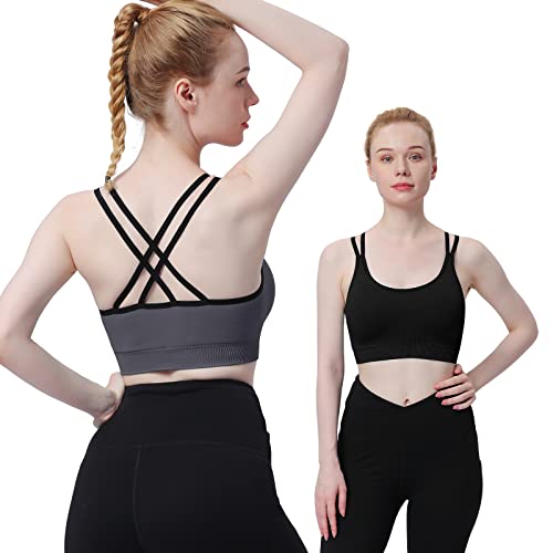 Image of WOYYHO Cross Back Sports Bra for Women Padded Medium Support Workout Bra