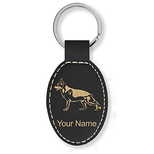 LaserGram Oval Keychain, German Shepherd Dog, Personalized Engraving Included (Black with Gold)