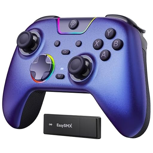 EasySMX X05 Pro Mando Inalámbrico para PC, Gatillos Doble Etapa Mejorados, Joysticks Hall, Sondeo 1000Hz, 2 Botones Programables, Batería 1000mAh, 2.4G, Multiplataforma PC/Switch/Android/iOS, Morado | Ya disponible en tu tienda friki favorita! En mundofriki.es!