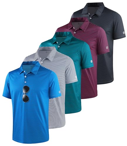 Image of ZITY 5 Pack Mens Golf Striped Polo Shirts Short Sleeve UPF 50+ Moisture Wicking Athletic Daily Casual Collared Shirt