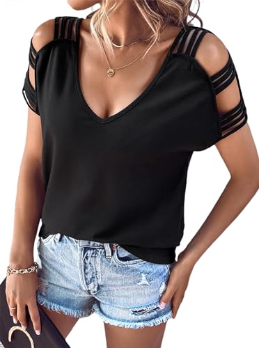 Remidoo Women's Ladder Cut Out T Shirt Tops Short Sleeve V Neck Tee Top Blouses3