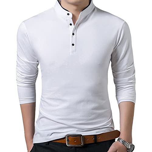 Men's Long Sleeve Button Shirt Fashion Plain V Neck Henleys Shirts Lightweight Pullover Cotton Basic Shirts (XX-Large,White)