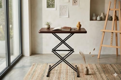 Image of Space Magic Scissor Height-Adjustable Rectangular Multi-Purpose Contemporary Plastic Folding Table (Brown, 2x1.5 ft)