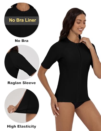Tournesol Women's Rash Guard Short Sleeve Swim Shirt Zip Front Swim Top UV Sun Protection Swimsuit Top No Bra4