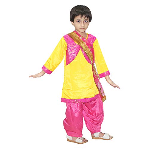 Image of Kaku Fancy Dresses Indian State Punjabi Folk Dance Costume For Kids /Salwar Suit With Dupatta For Girl Costume - Yellow & Magenta, 3-4 Years