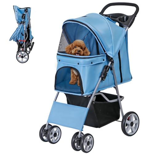Image of ZENY Foldable Pet Stroller, Cat /Dog Stroller with 4 Wheel, Pet Travel Carrier Strolling Cart with Storage Basket, Cup Holder (Blue)