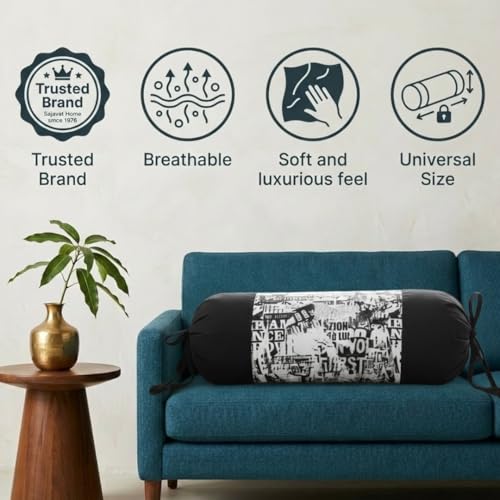 Image of SAJAVAT HOME Black & White Printed Bolster Cover Set of 1 | 32x15 Inch Side Pillow Cover with Adjustable Ties for Sofa, Couch & Diwan | Stylish Round Pillow Cover