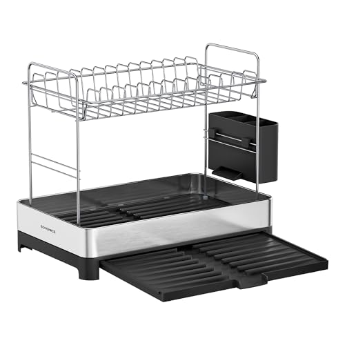 SONGMICS Escurreplatos de 2 Capas, Escurreplatos Extensible, Escurridor de Acero Inoxidable con Soporte para Utensilio, Inoxidable, para Platos, Cuchillos, Cucharas, Tenedores, Plata y Negro KCS036B01