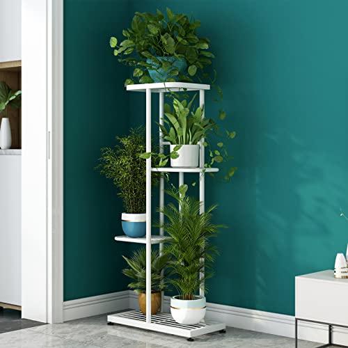 Image of LINZINAR Plant Stand Indoor Outdoor Metal 4 Tier 5 Potted Multiple Flower Pot Holder Shelf Planter Display Shelving Unit for Patio Garden Corner Balcony Living Room (4 Tier 5 Potted, White)