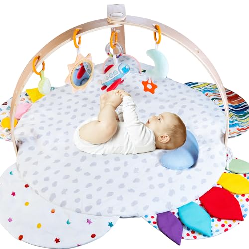 Baby Play Gym & Activity Mat | Stage-Based Developmental Activity Gym & Play Mat for Baby to Toddler, Wooden Tummy Time Mat with Detachable Sensory Toys, Newborn Baby Essentials Shower Gift