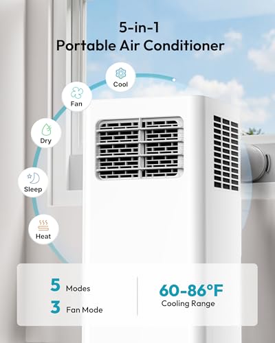 Image of EUHOMY Portable Air Conditioners 14,000 BTU, 5-in-1 Portable AC Unit Up to 650 Sq.Ft. for Bedroom with Cool, Heat, Fan, Dehumidifier, Sleep, AC Units with LED Remote & 24H Timer, Installation Kits