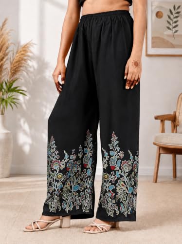 Image of Women's Rayon Bird Flower Print Loose fit Palazzos Pants Free Size 28 to 40