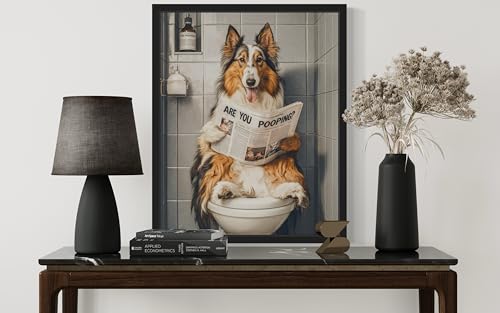 Image of Collie on Toilet Black Framed Wall Art Print Poster, Dog Bathroom Humor Decor Posters Prints for Restroom Home Picture Painting Artwork Gallery 7 (Collie, 20 inchL x 16 inchW, Black Frame)