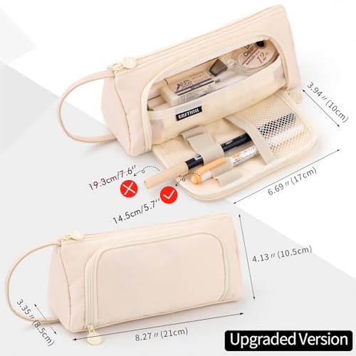 Image of EASTHILL Pencil Case Large Capacity Pencil Pouch School Suppies Pen Case Stationery College Office Organizer for Girls Adults-Cream