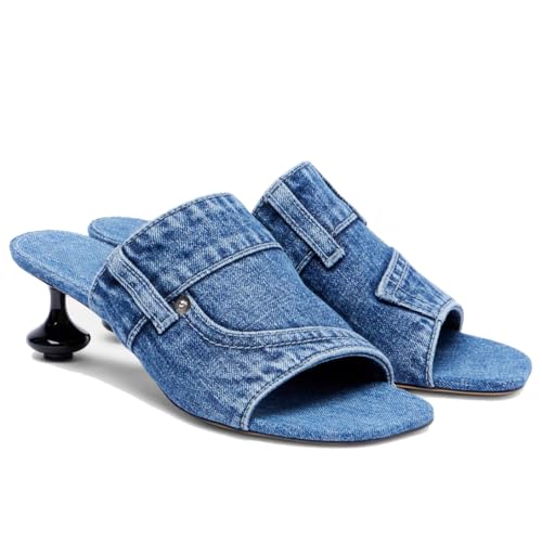 Women's Square Toe Mules Denim Kitten Heel Slides Comfortable Summer Sandals Casual Dressy Slippers For Party Wedding Office