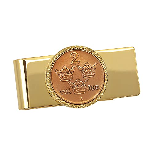 Coin Money Clip - Sweden ORE Crown | Brass Moneyclip Layered in Pure 24k Gold | Holds Currency, Credit Cards, Cash | Genuine Coin | Includes a Certificate of Authenticity