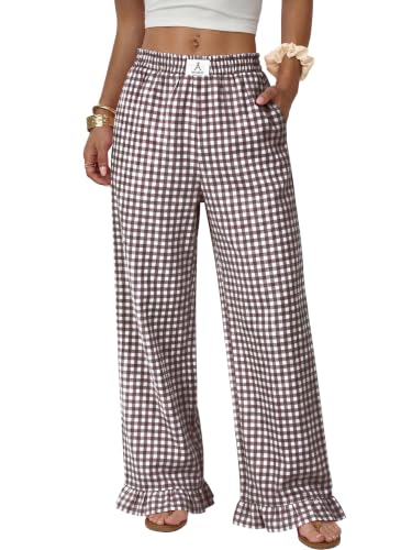 ANRABESS Womens Gingham Ruffle Hem Pants Brown White Plaid M
