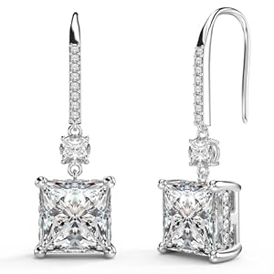 18K White Gold Plated Sterling Silver Princess Cut Cubic Zirconia Dangle Earrings for Women Square CZ Diamond Drop Dangling Earrings for Mom Formal Wedding Earrings for Women Bride