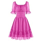 tagunop Women's 2025 Summer Casual Dress Smocked Square Neck Mini Dresses Ruffle Short Sleeve Sundress Fuchsia XS