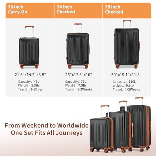 Image of Kono 3 Piece Expandable Luggage Set 20 /24 /28inch Suitcases for Long Travel | Lightweight PC+ABS hardshell suitcases set with TSA locks, 360 Silent spinner wheels, Expandable Design, Black & Brown