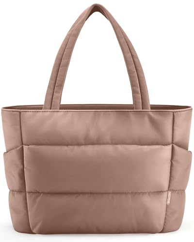 HOTOR Puffer Tote Bag for Women, Nurses - Multi-Pocket Lightweight Bag for Work - Quilted Handbag for Travel and Gym, Brown, 18.1' x 6.3' x 11.8'