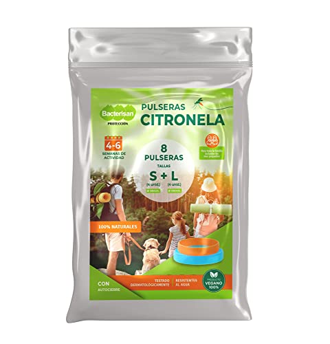 BACTERISAN Pack de 8 pulseras repelente de mosquitos, con citronela, dos tamaños S y L, apto para niños