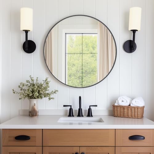 Image of DUMOS Black Circle Mirror for Wall 24.02 inch, Bathroom Round Mirror for Over Sink, Bathroom, Entryway, Bedroom, Vanity