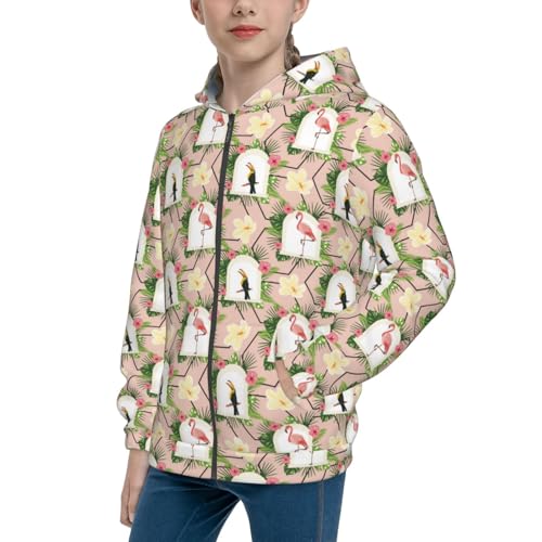 Flamingo and Toucan Kid Hoodies Boys Zip Up Sweatshirts Girls Pullover with Pocket