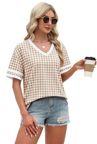Image of WIHOLL Womens T Shirts Loose Fit Short Sleeve Tees V Neck Color Block Summer Tops 2026 Fashion S-4XL