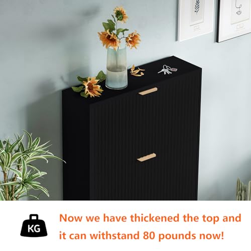 Image of Shoe Cabinet Storage,Modern Freestanding Organizer with 3 Flip Drawers,Narrow Shoe Rack Cabinet for Entryway,Black