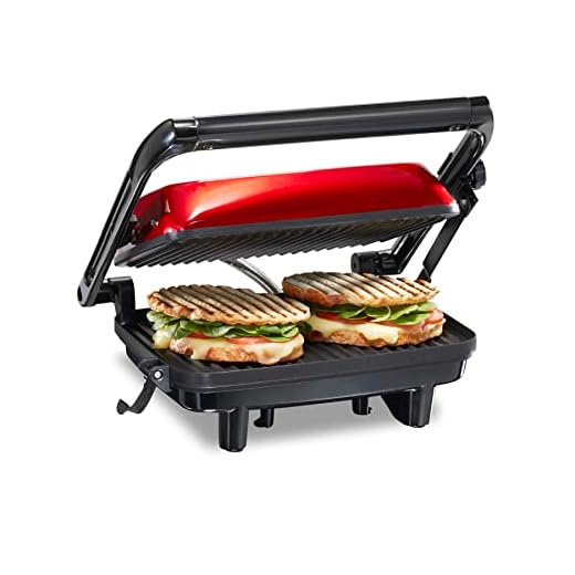 Hamilton Beach Electric Panini Press Grill with Locking Lid, Opens 180 Degrees for Any Sandwich Thickness, Nonstick 8" X 10" Grids, Red (25462Z)